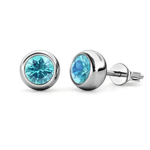 Load image into Gallery viewer, Destiny Moon March/Aquamarine Birthstone Earrings with Swarovski Crystals in a Macaroon case