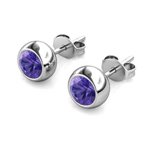 Load image into Gallery viewer, Destiny Moon February/Amethyst Birthstone Earrings with Swarovski Crystals in a Macaroon case