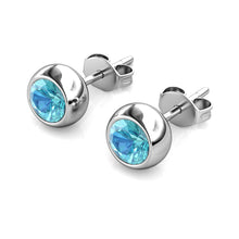 Load image into Gallery viewer, Destiny Moon March/Aquamarine Birthstone Earrings with Swarovski Crystals in a Macaroon case