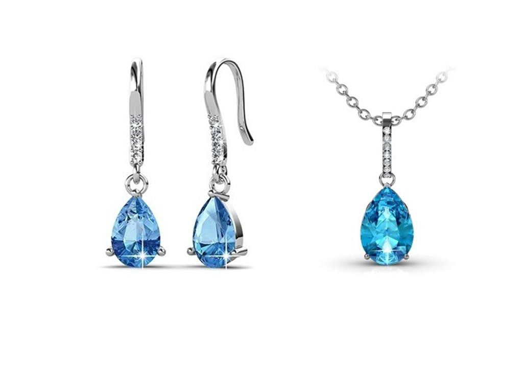 Destiny Anne Aquamarine Drop Earring & Necklace Set with Swarovski Crystals - Silver