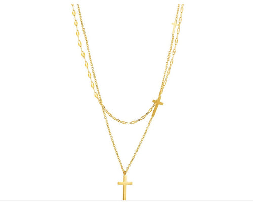 Crystal Rock Layered Cross Stainless Steel Necklace