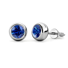 Load image into Gallery viewer, Destiny Moon September/Sapphire Birthstone Earrings with Swarovski Crystals in a Macaroon case