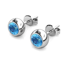 Load image into Gallery viewer, Destiny Moon December/Blue Topaz Birthstone Earrings with Swarovski Crystals in a Macaroon case