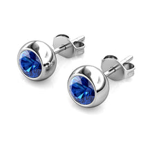 Load image into Gallery viewer, Destiny Moon September/Sapphire Birthstone Earrings with Swarovski Crystals in a Macaroon case